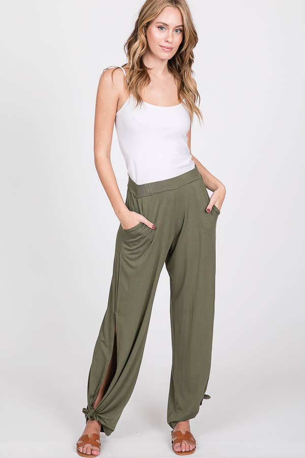 Solid Elastic Waist Side Slit Ankle Tie Pants