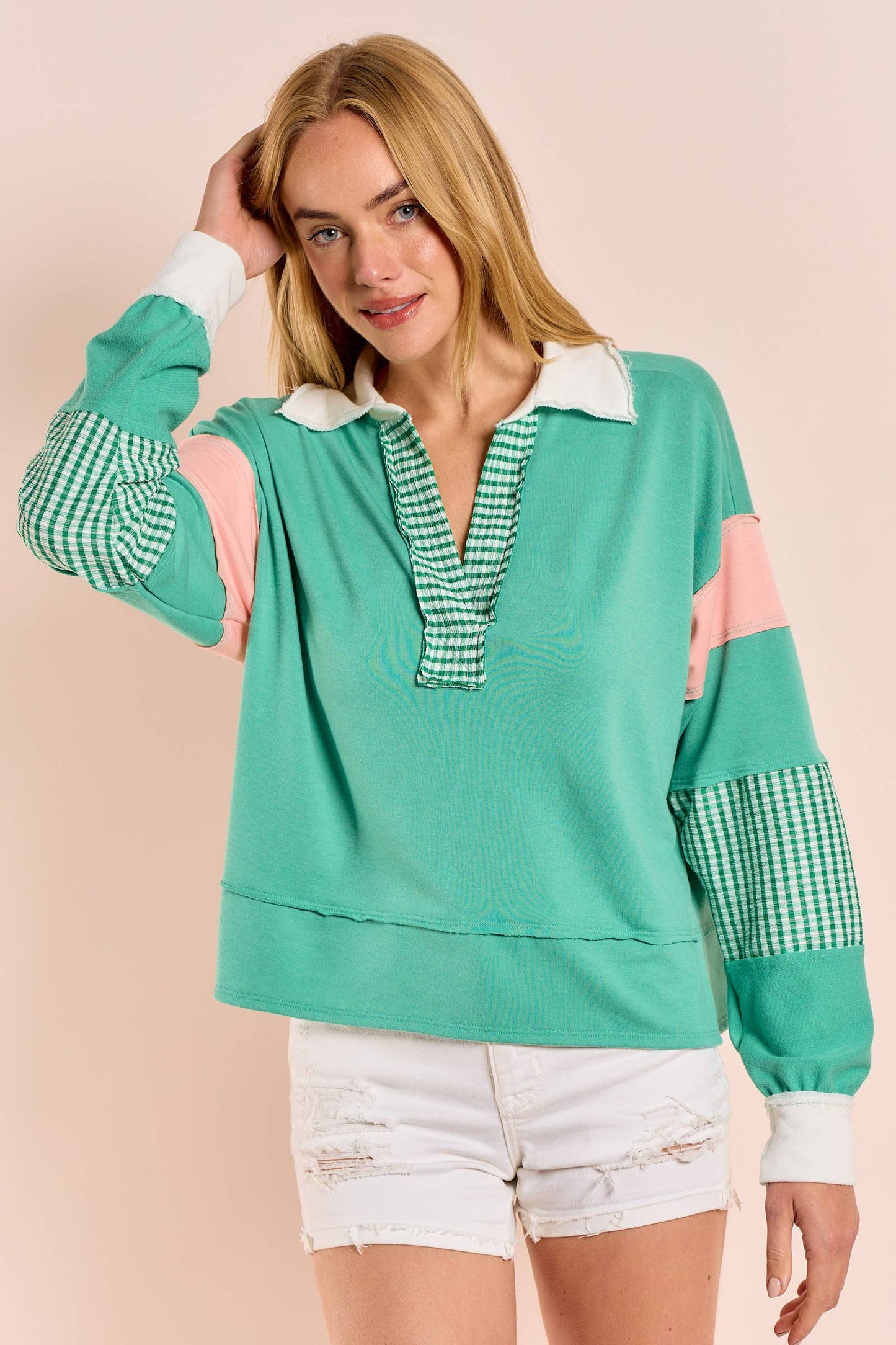 Plus color block collared top with striped panels-PLT11201