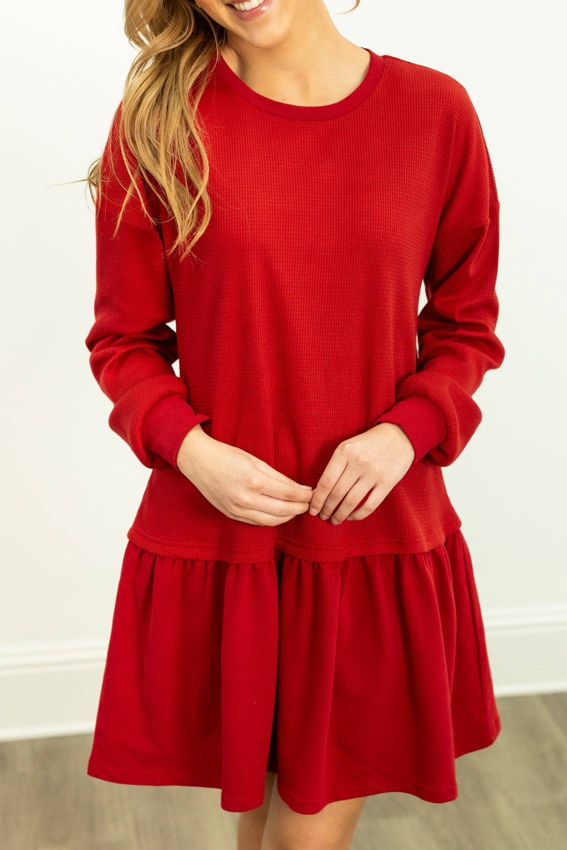 Waffle Knit Long-Sleeve Dress, Red