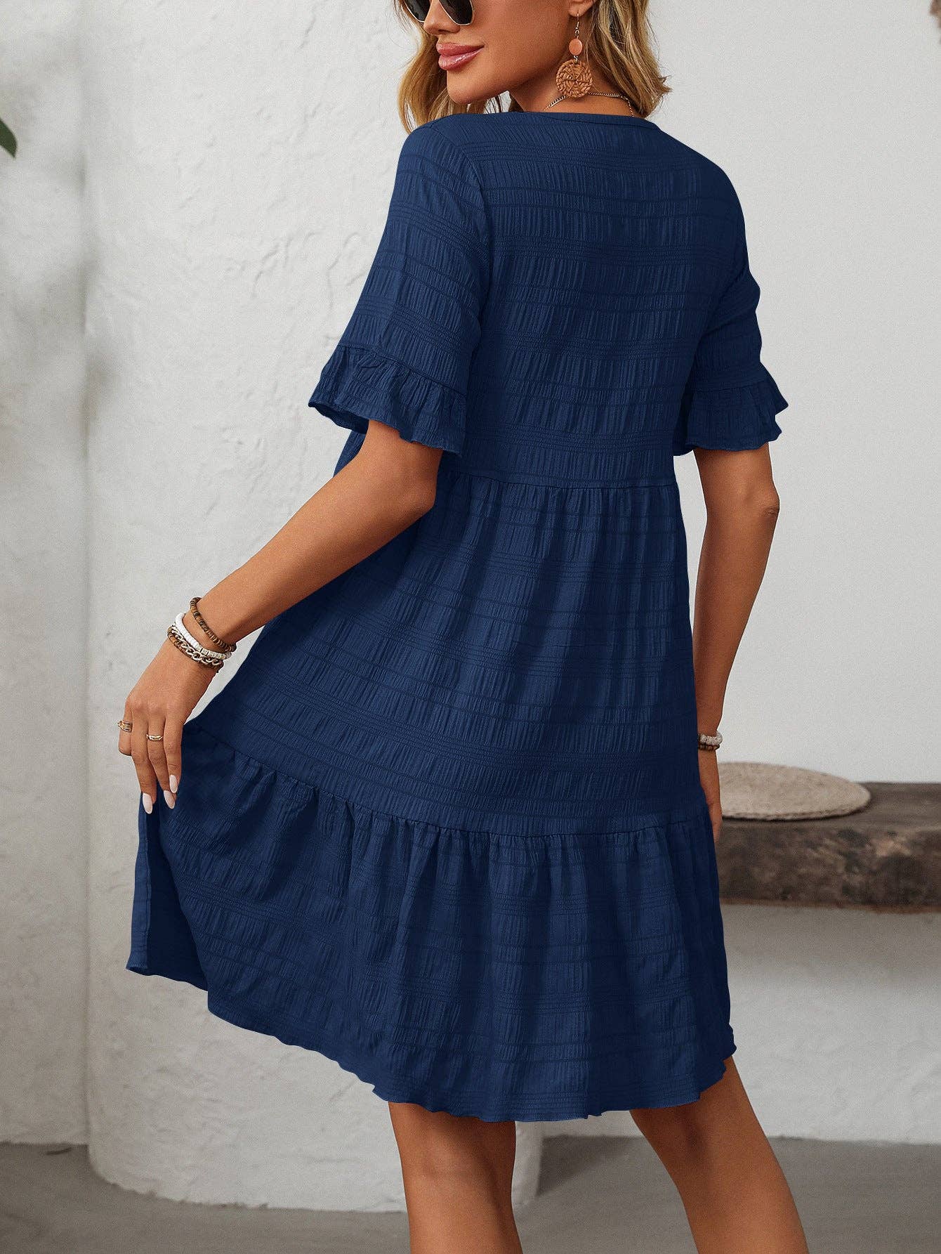 Women Ruffle Sleeve A Line Tiered Flowy Casual Trendy Mini Dress