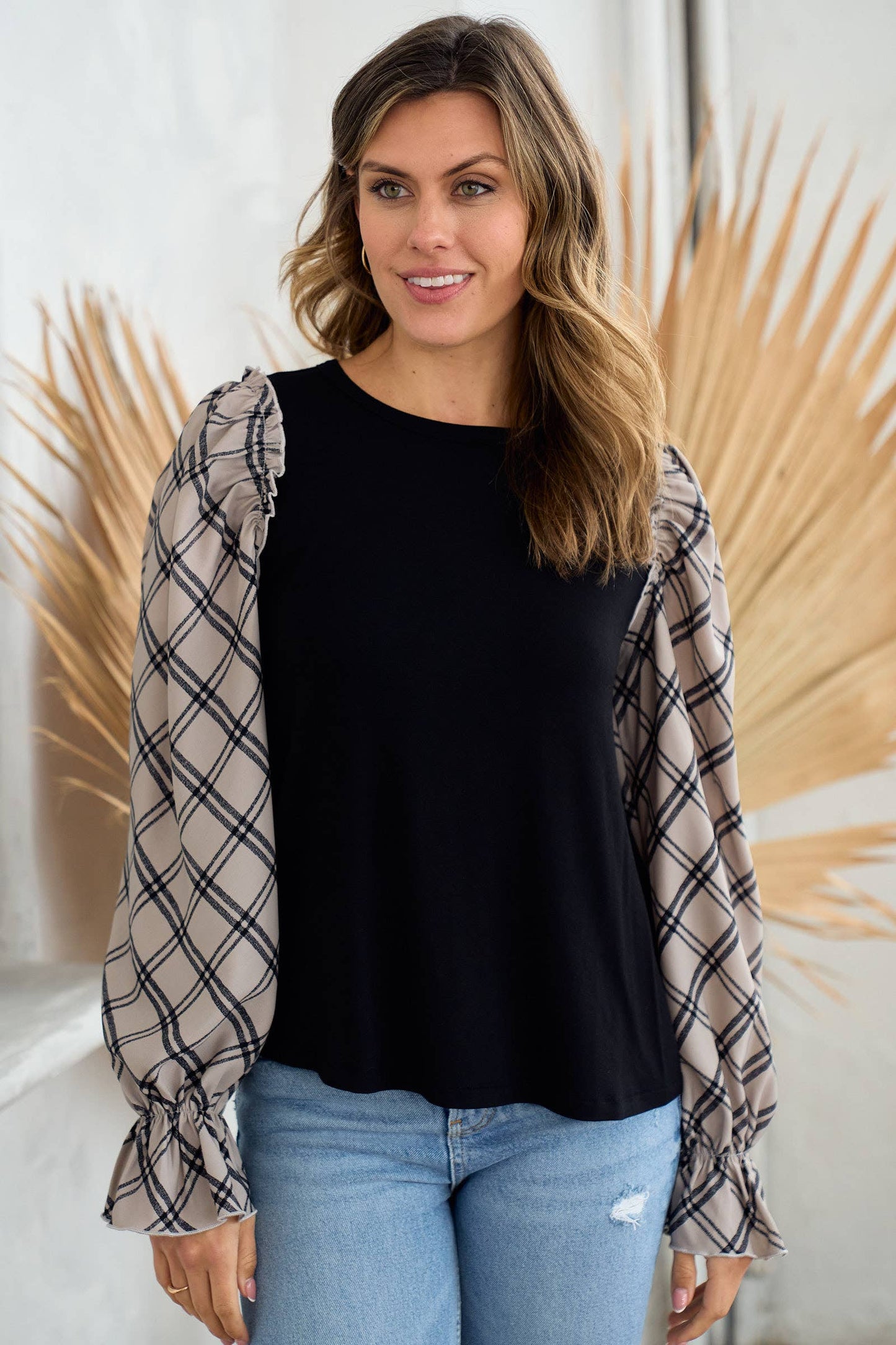 Plus jersey top with woven contrast check print-PLT10510