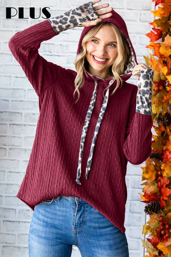 [PLUS SIZE]Cable Knit Leopard Accent Thumbhole HoodieT4892XL