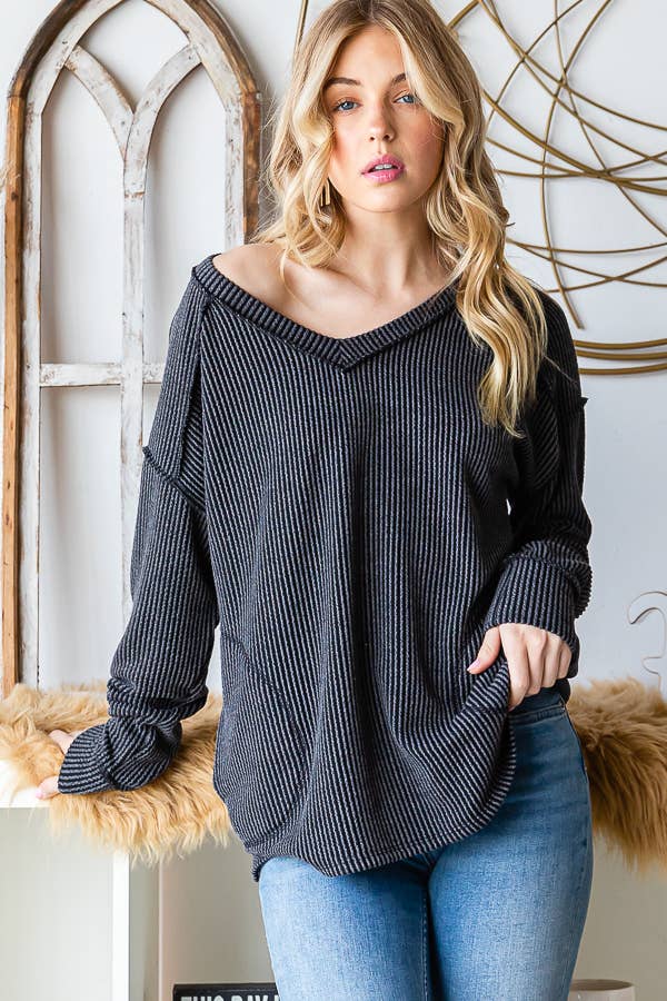 [PLUS SIZE] Rib V-Neck Drop Shoulder Long Sleeve Top T5240XL