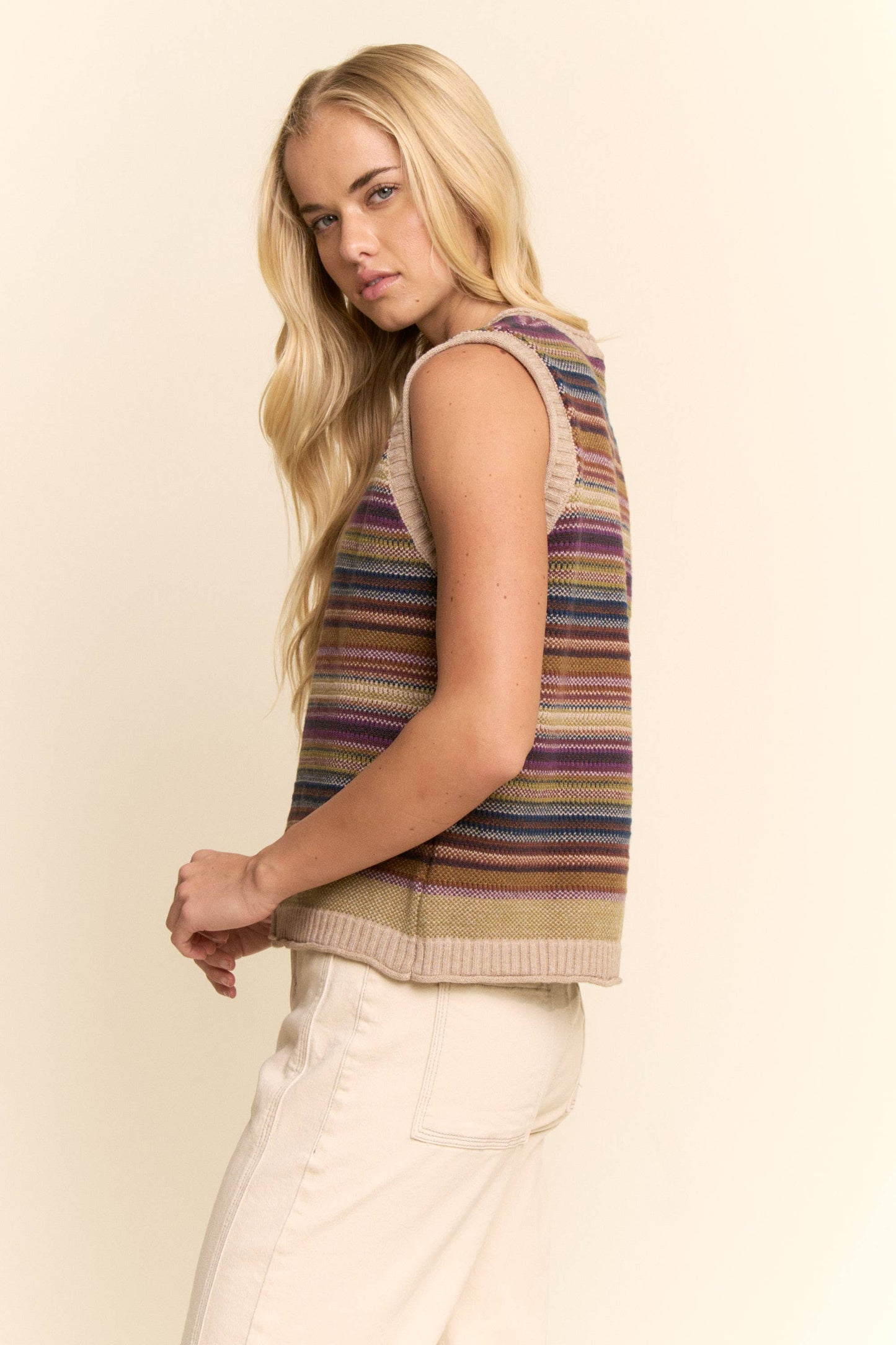 BUTTON-DOWN FRONT MULTICOLOR STRIPES RIBBED TRIM