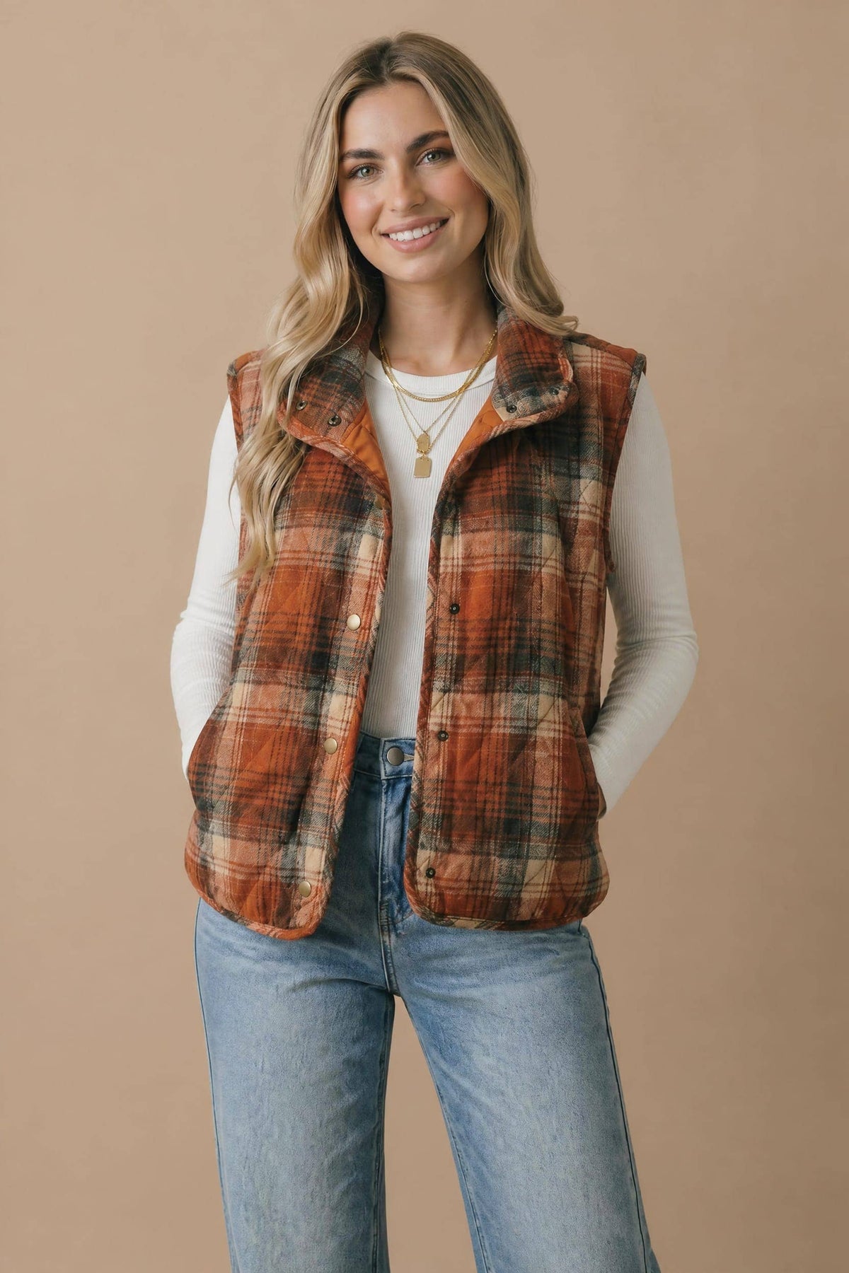 Plaid Quilted Snap Button Puffer Vest Curvy