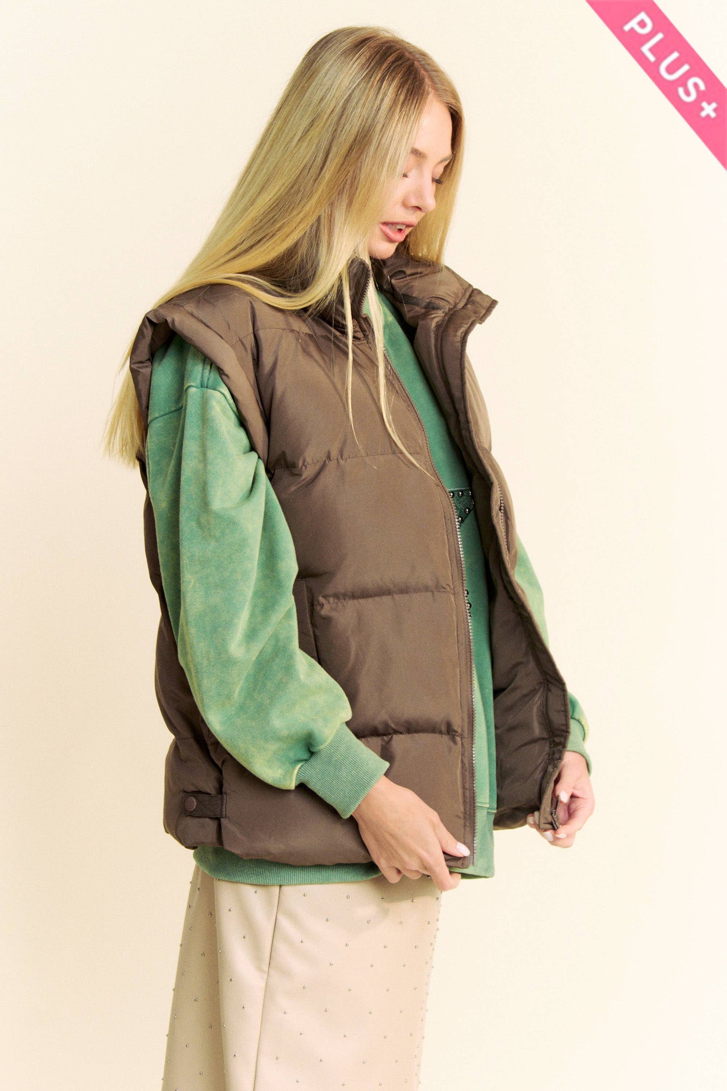 PLUS SOLID SLEEVELESS ZIPPER PUFFER JACKET VEST