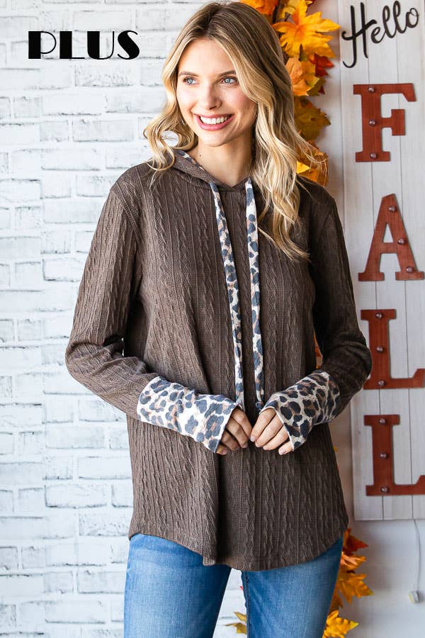 [PLUS SIZE]Cable Knit Leopard Accent Thumbhole HoodieT4892XL