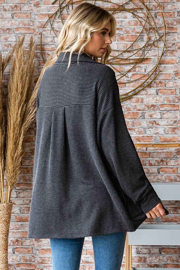 Solid Rib Button Down Side Pockets Long Sleeve Shacket T5256