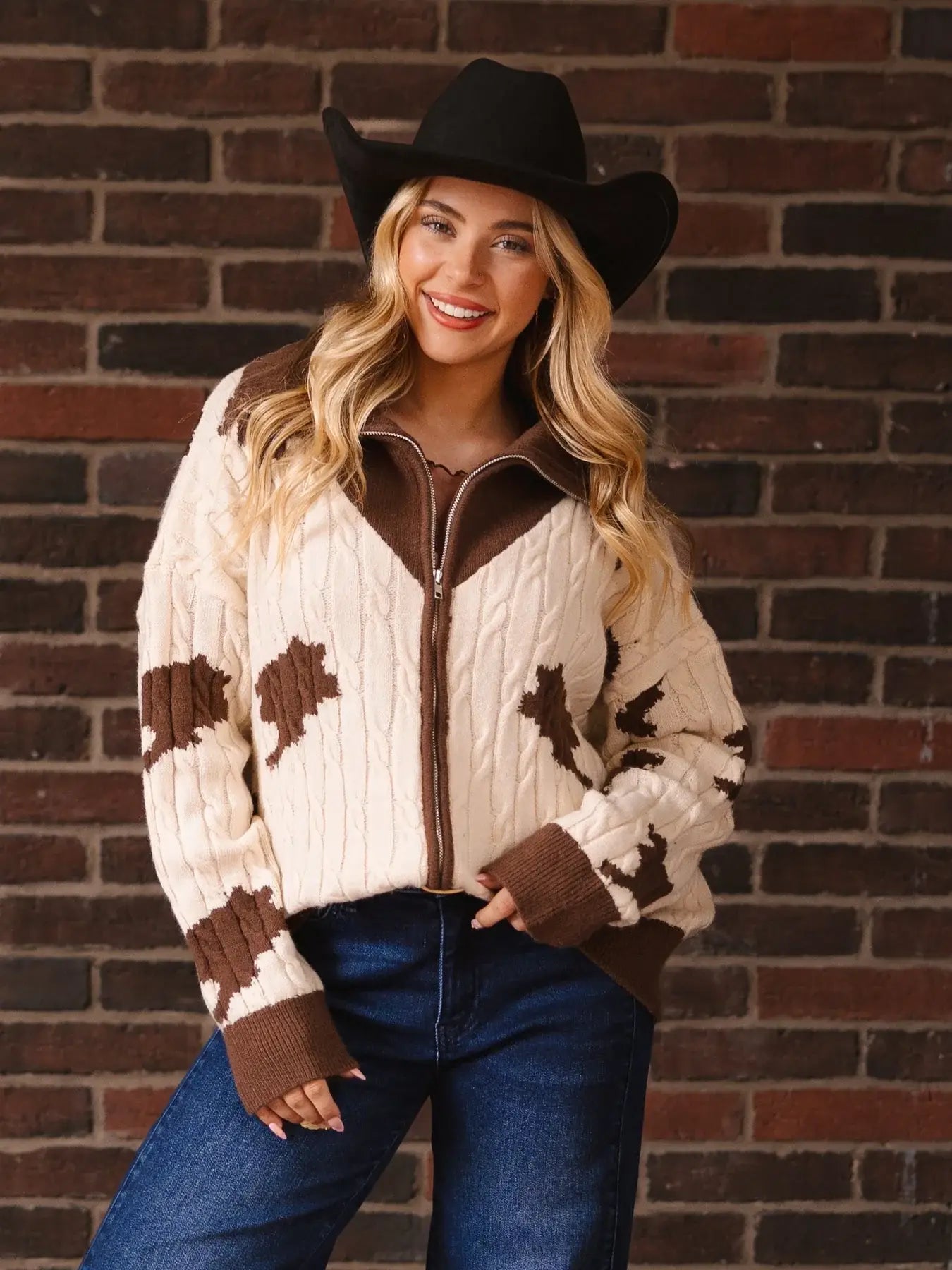Zip Cow Print Sweater