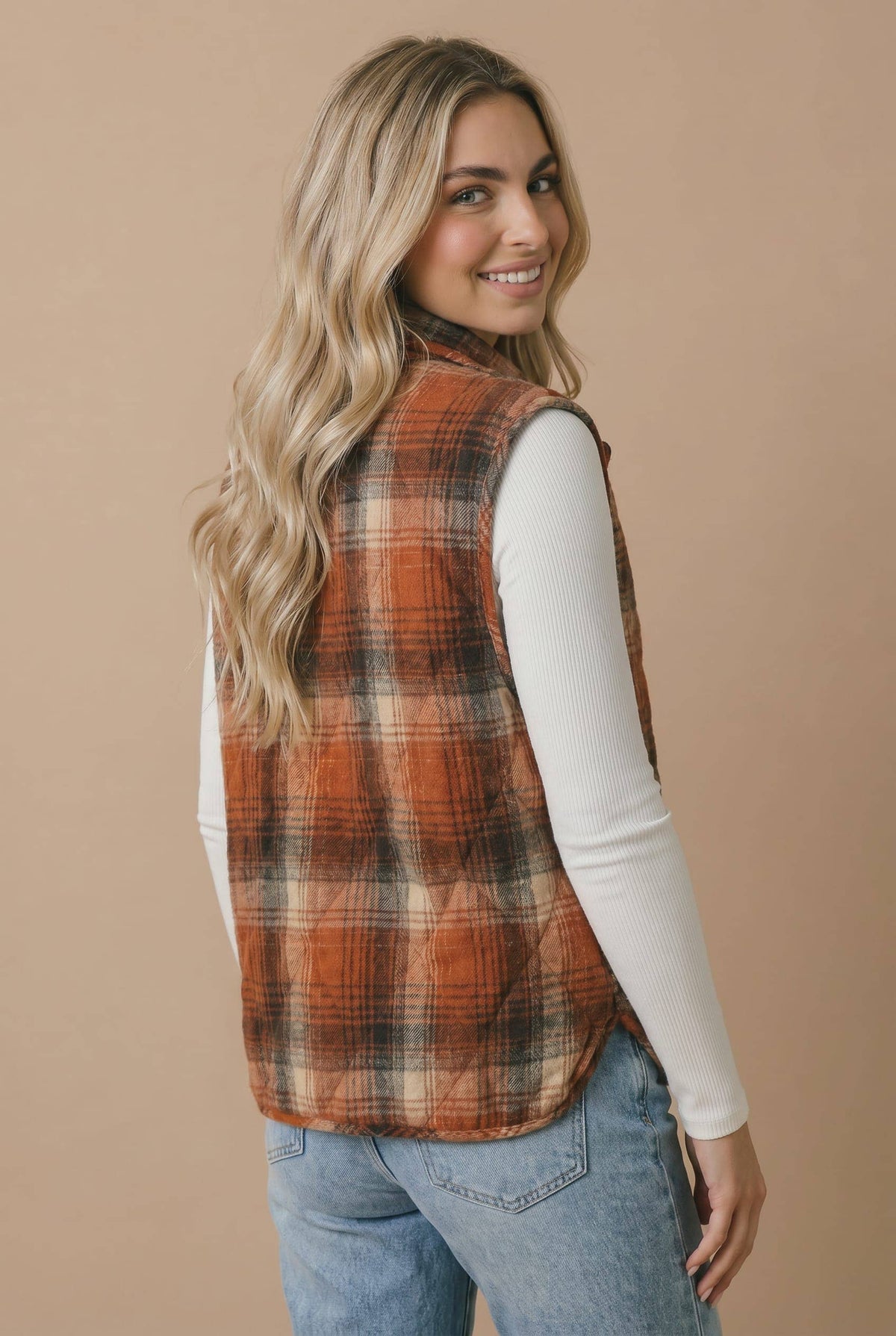 Plaid Quilted Snap Button Puffer Vest Curvy