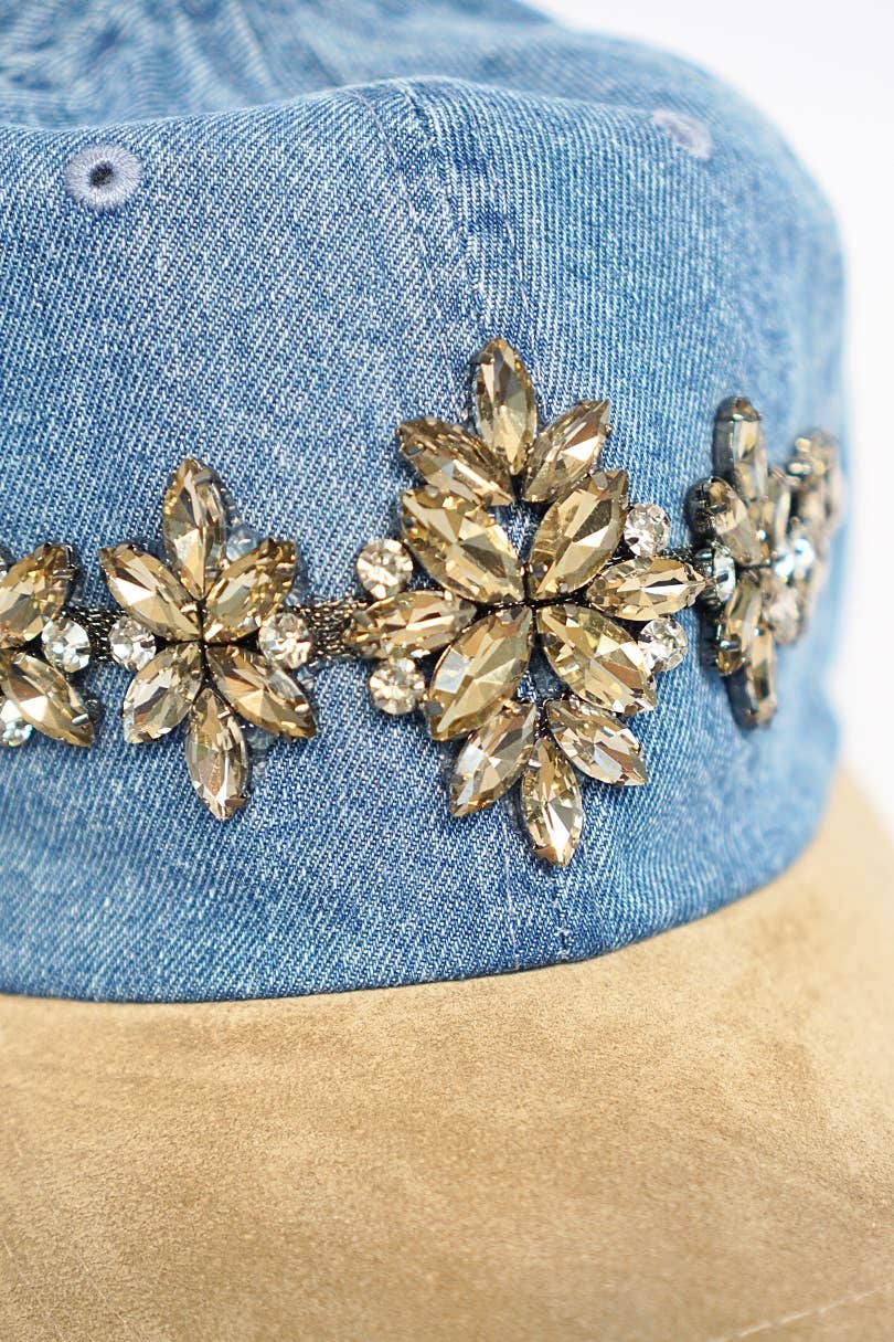 Bejewelled Denim Baseball Cap with Suede Bill, Adjustable