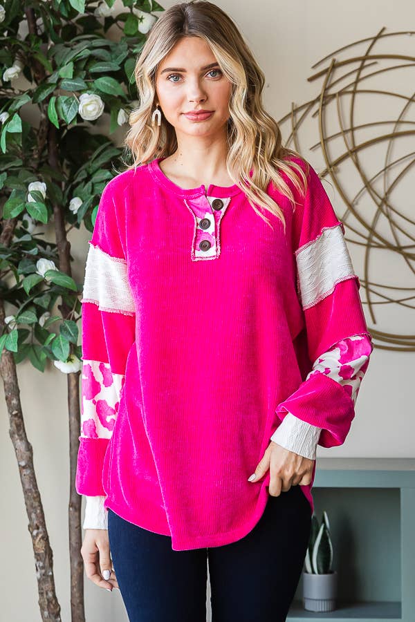 [PLUS SIZE] Animal Print Accent Button Front PulloverT5371XL