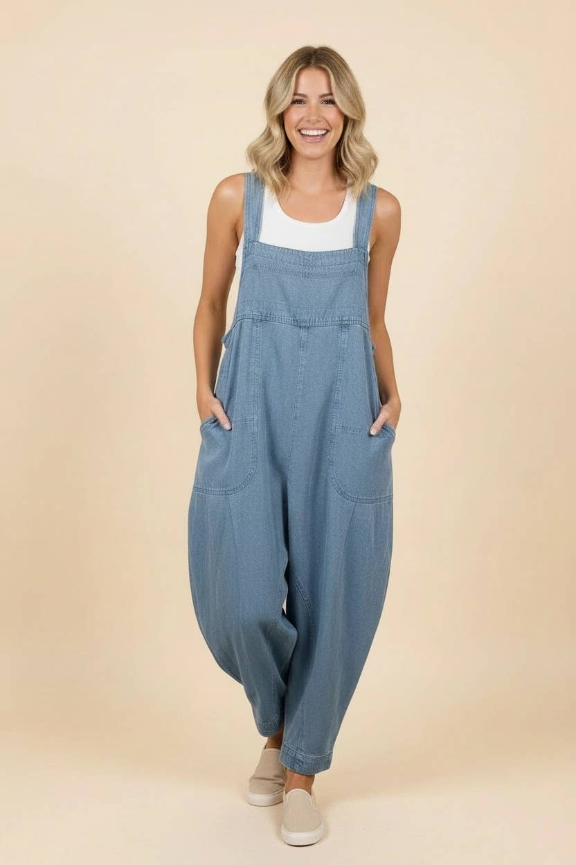 Relaxed Fit Denim Overalls with Patch Pockets Curvy