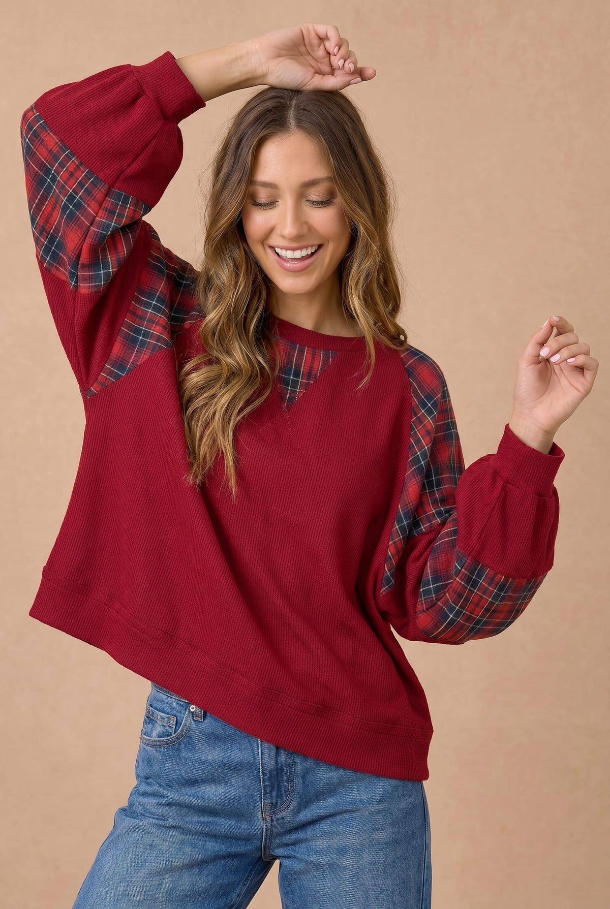 Plaid Contrast Raglan Rib Knit Pullover