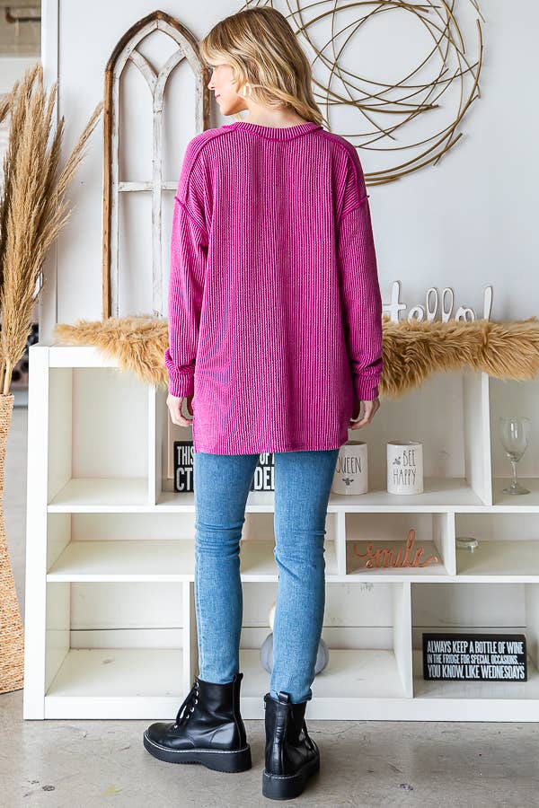 [PLUS SIZE] Rib V-Neck Drop Shoulder Long Sleeve Top T5240XL