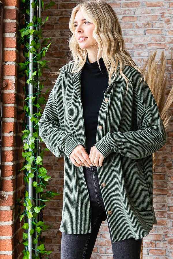 Solid Rib Button Down Side Pockets Long Sleeve Shacket T5256