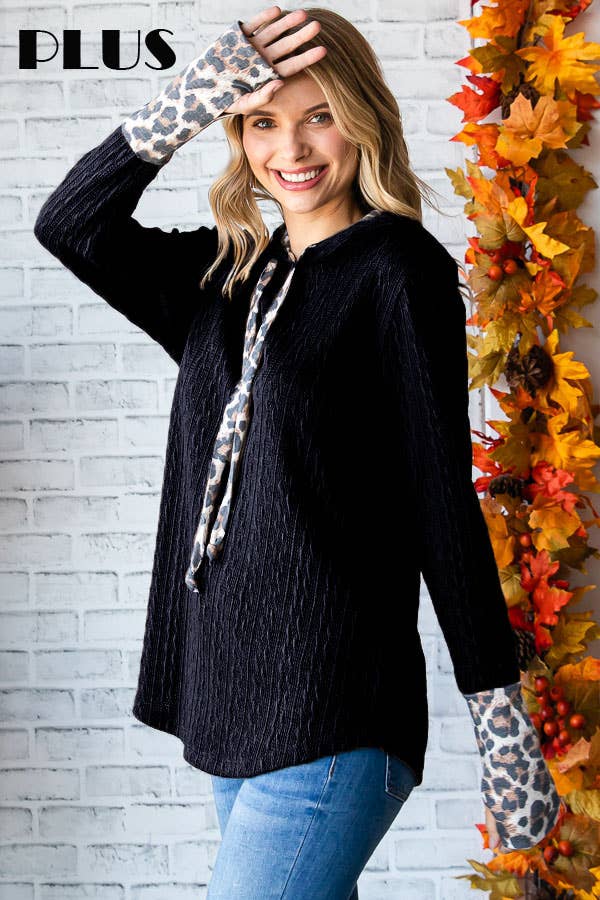 [PLUS SIZE]Cable Knit Leopard Accent Thumbhole HoodieT4892XL