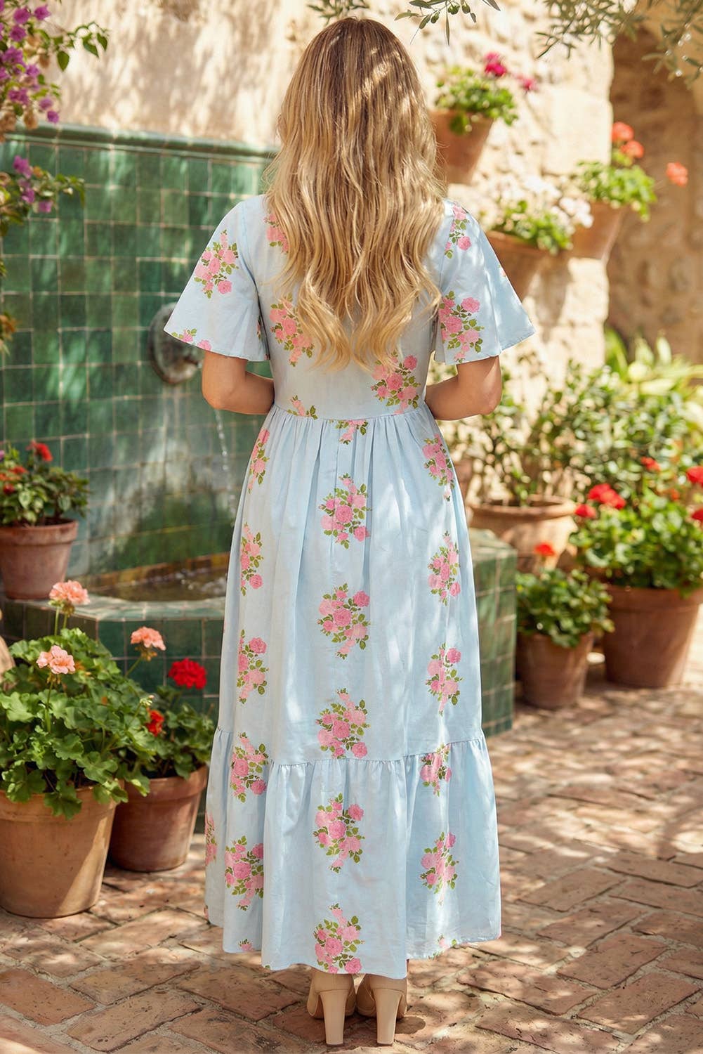Spring 2026 V Neck Flutter Short Sleeve Floral Maxi Dresses