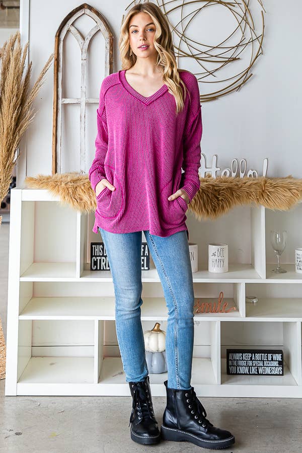 Plus Size Rib V-Neck Drop Shoulder Long Sleeve Top T5240XL