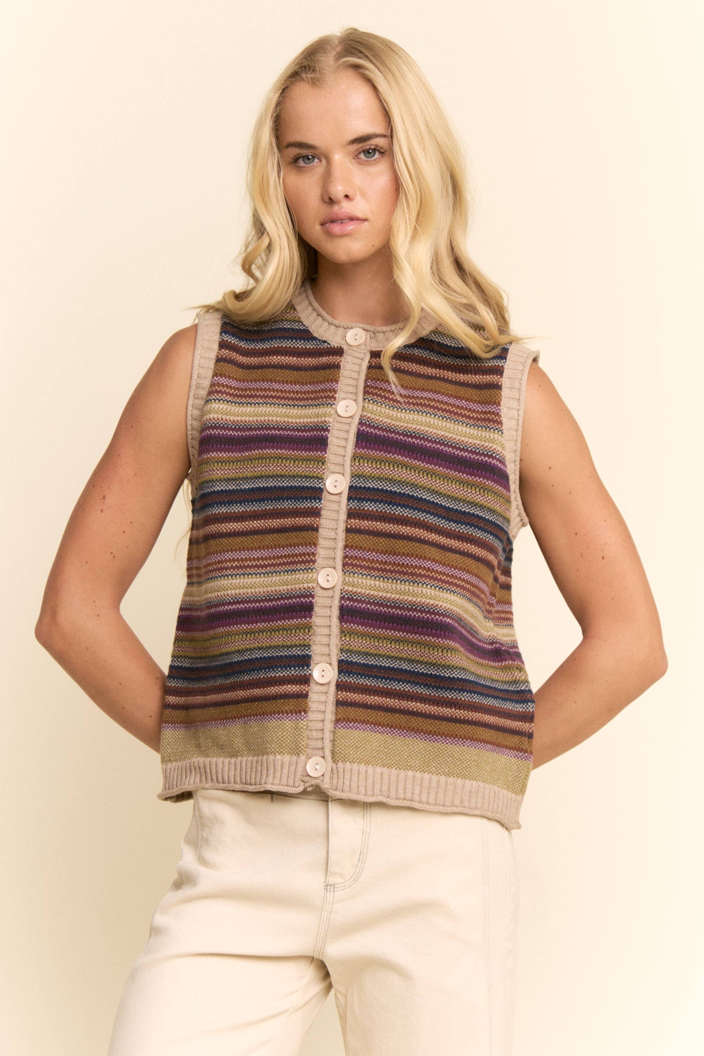 BUTTON-DOWN FRONT MULTICOLOR STRIPES RIBBED TRIM