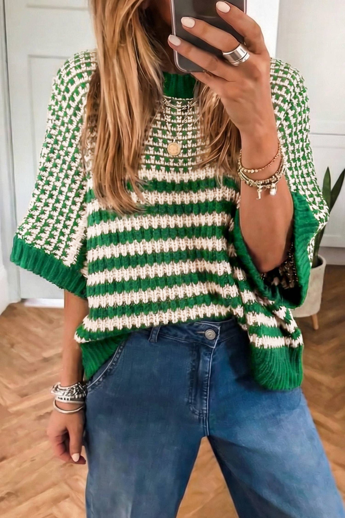 Spring 2026 Color Block 3/4 Draped Sleeve Sweater