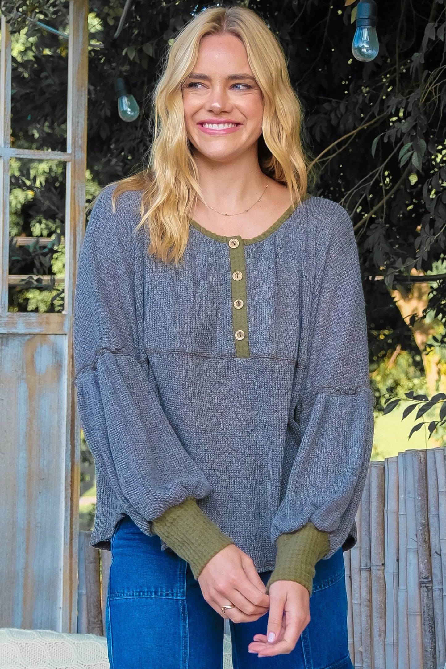 Roomy fit long sleeve top with placket-LT6491