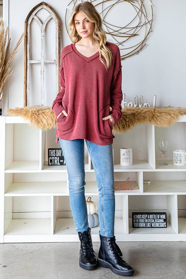 [PLUS SIZE] Rib V-Neck Drop Shoulder Long Sleeve Top T5240XL