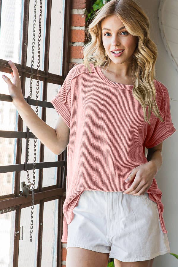 Solid Rib Drop Shoulder Side Slit Short Sleeve Top