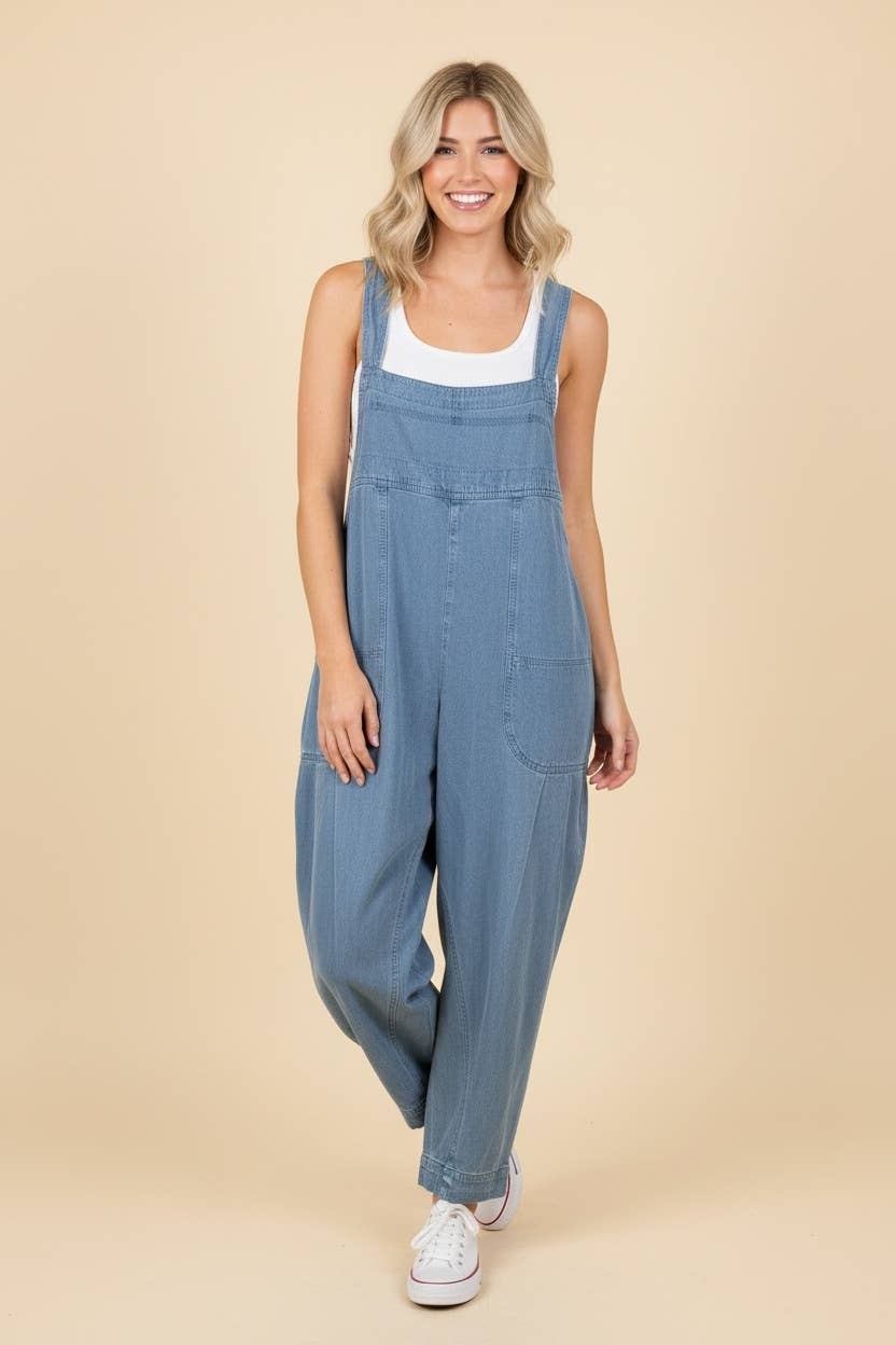 Relaxed Fit Denim Overalls with Patch Pockets Curvy