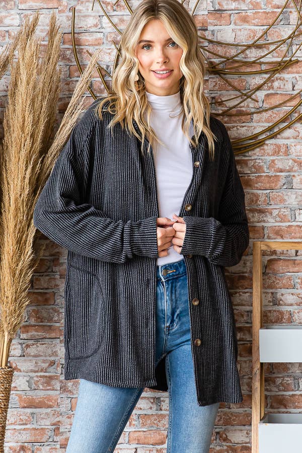 Solid Rib Button Down Side Pockets Long Sleeve Shacket T5256