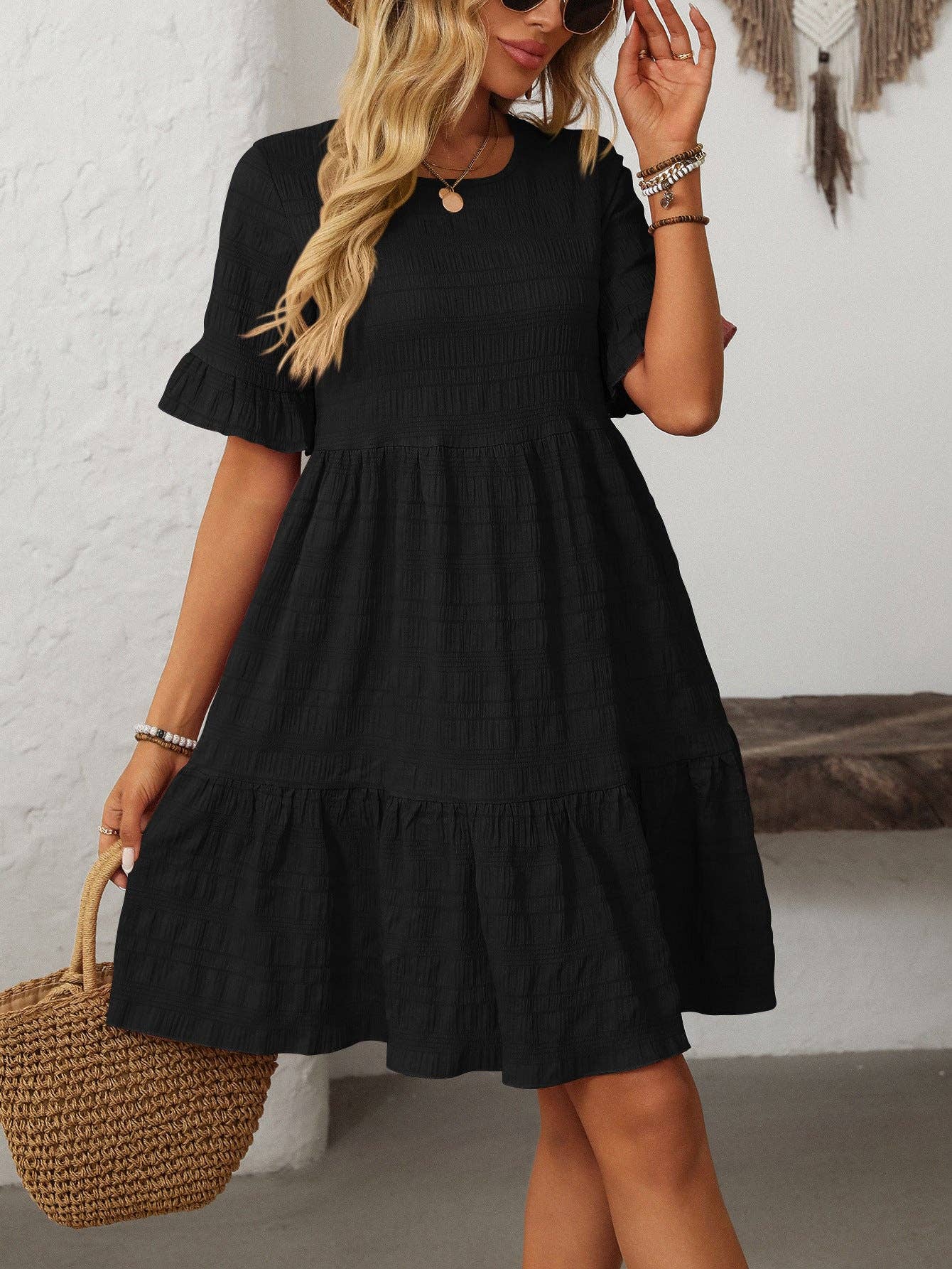 Women Ruffle Sleeve A Line Tiered Flowy Casual Trendy Mini Dress