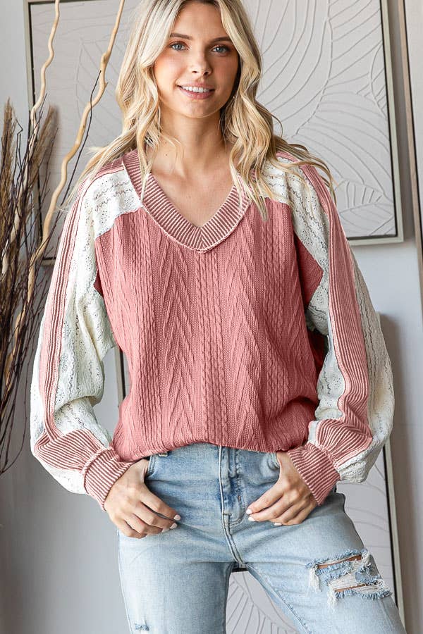 Cable Knit Color Block V Neck Long Sleeve Top T5694